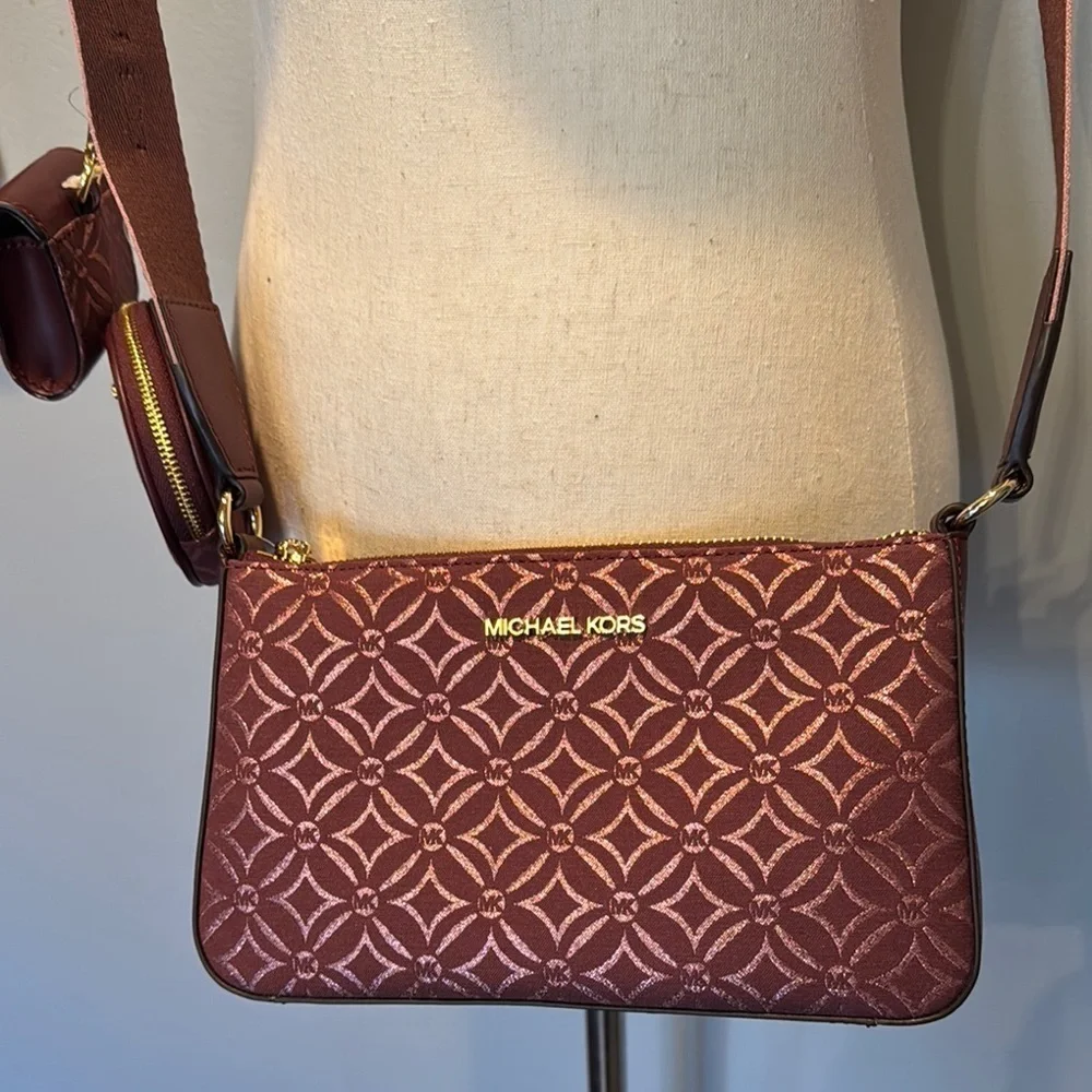 Michael Kors pink Metallic embossed jet set travel Crossbody Bag NWT
